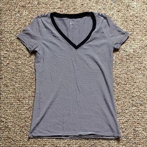 Black and White Striped V-Neck Tee